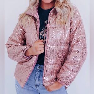 SOUTHERN SPARKLE SEQUIN PUFF JACKET - ROSE GOLD